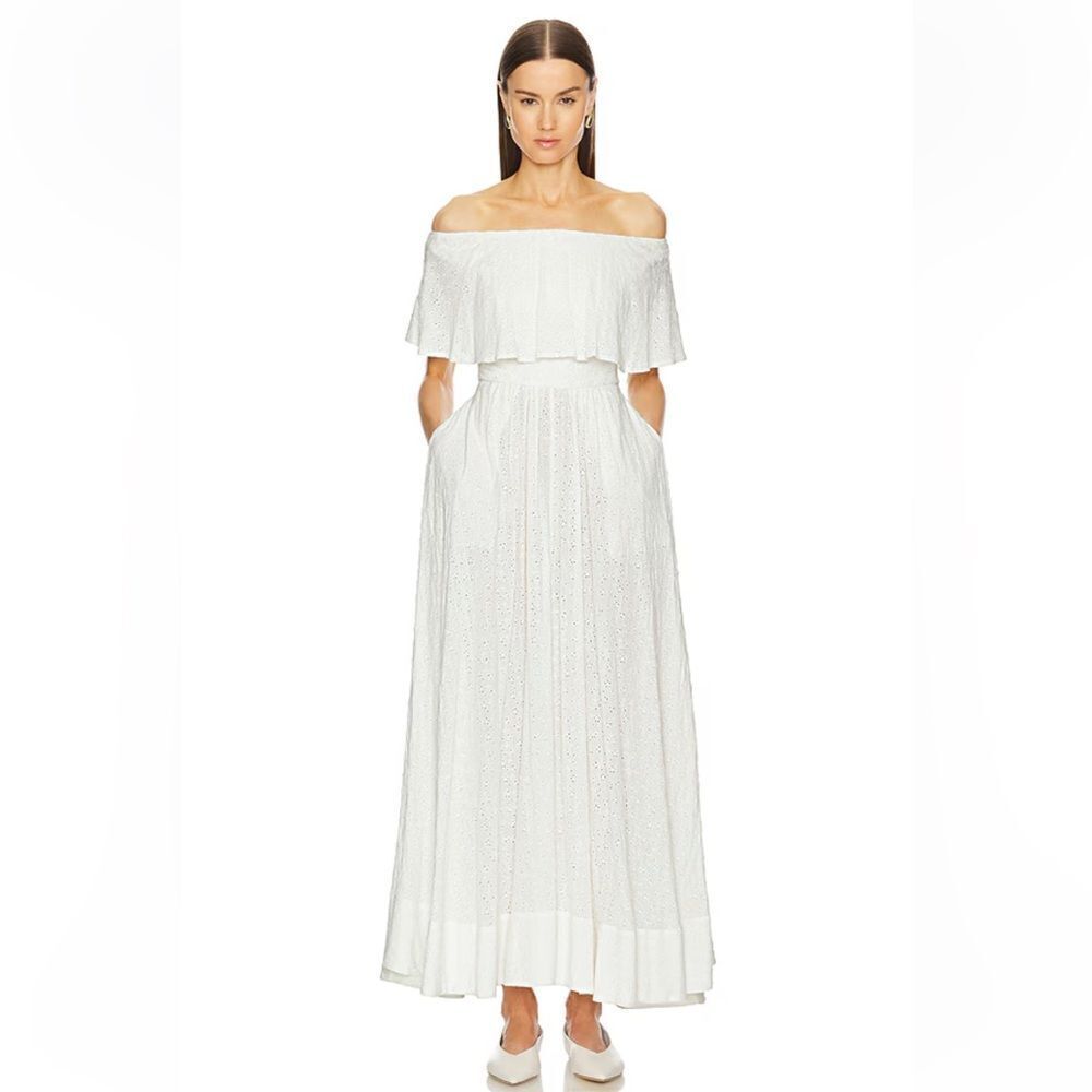 HELSA Eyelet Garden Midi Dress White Off-Shoulder ballet cotton Revolve L